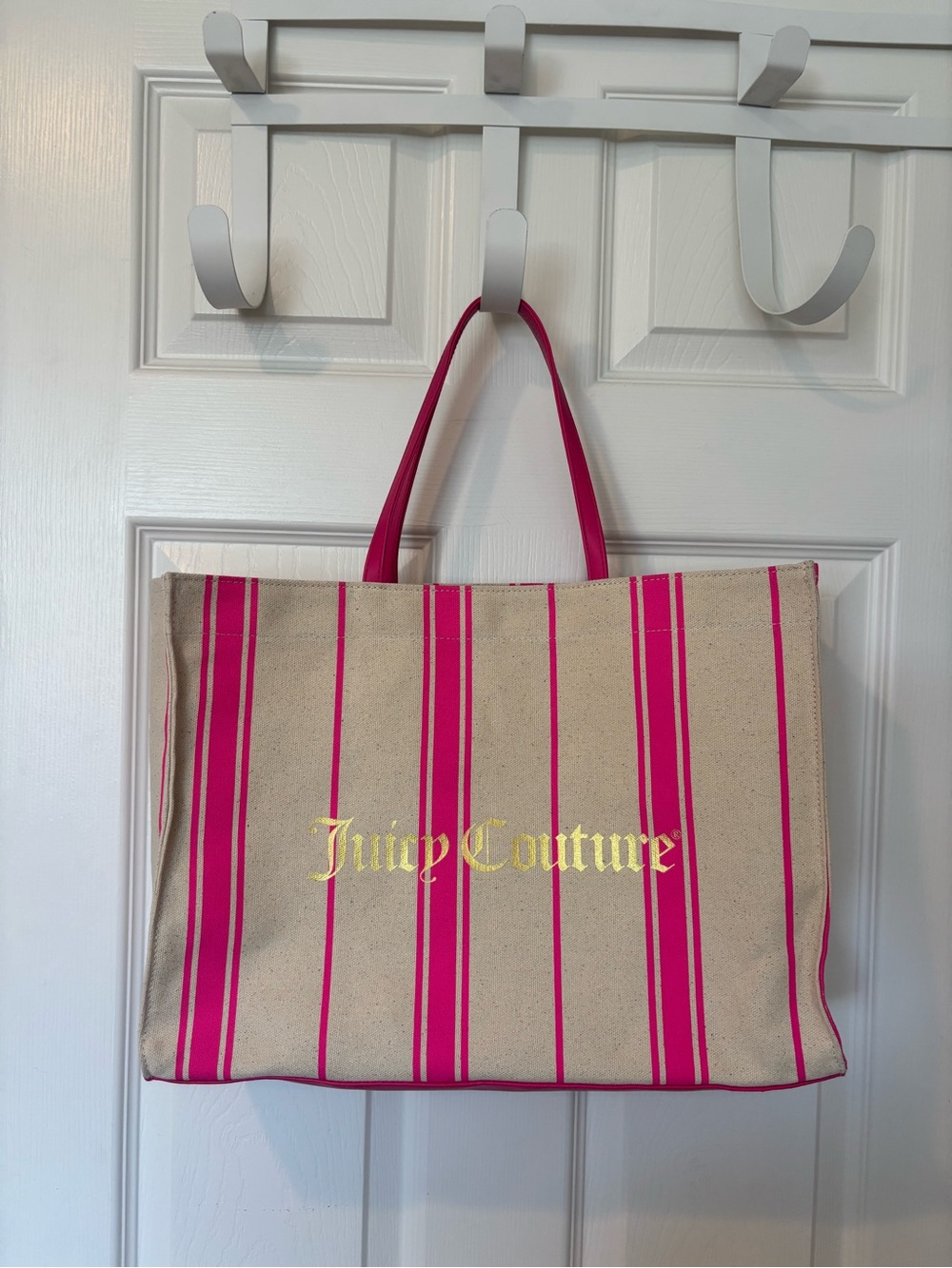 Juicy Couture Cream Canvas Tote with Hot Pink Stripes and Gold Logo
